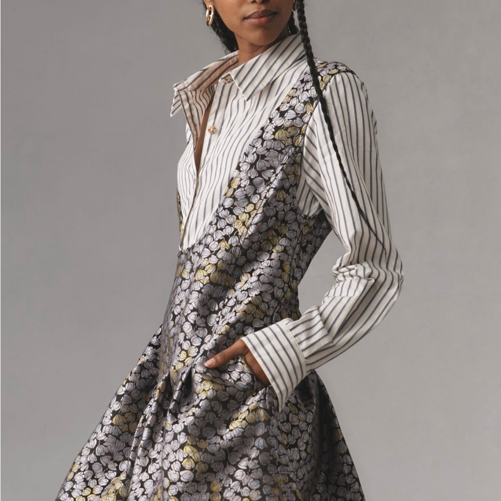 Anthropologie Silver Metallic Floral Long-Sleeve Dress with Striped Shirt Detail